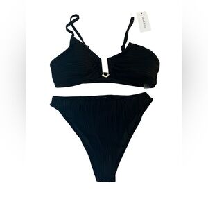 New Women’s Black Pleated Lines Women's Swimwear Set Top & Bottom Gold Accent